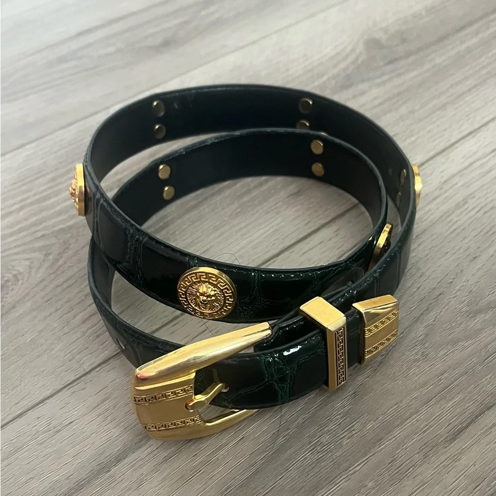Vintage #11/4 Gator Genuine Leather M Green/Black Belt w Gold‎ Roman studs